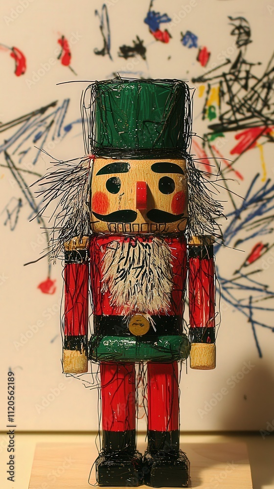 A colorful wooden nutcracker with a green hat and red uniform stands prominently. Behind it, a chaotic display of childrens drawings enhances the playful atmosphere of the setting.