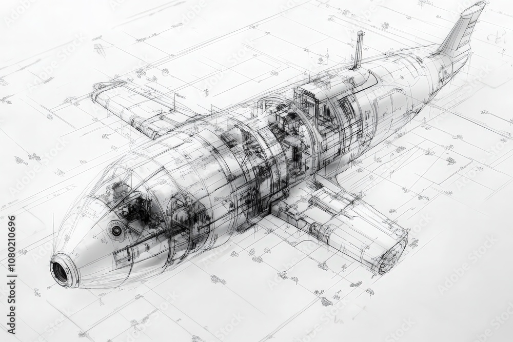 A comprehensive technical sketch features a deep-sea submersible, showcasing intricate engineering designs, structural elements, and detailed schematics for underwater exploration.