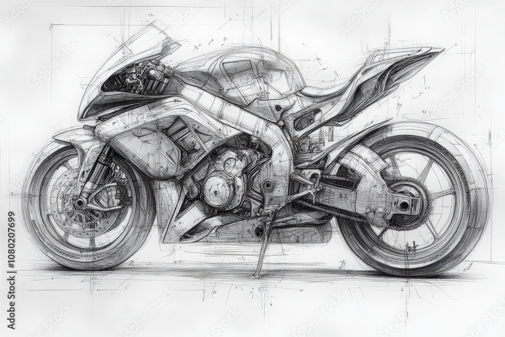 A comprehensive technical sketch illustrates the intricate design and engineering elements of a modern motorcycle. The detailed view highlights its components and structure in a clear manner.