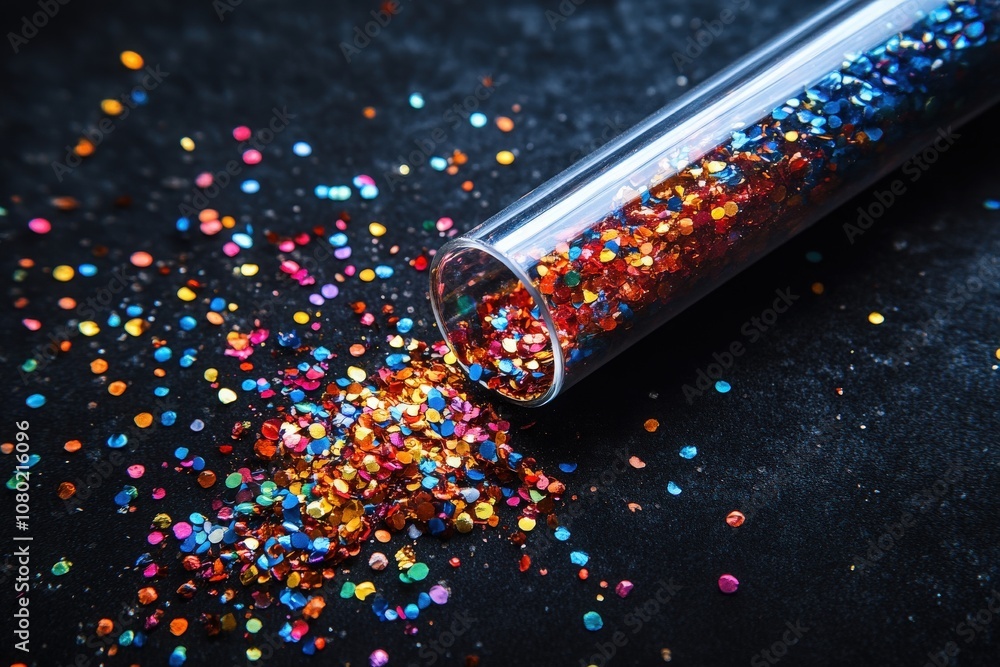 A confetti popper has burst open, releasing a vibrant array of glitter that cascades across a dark background, creating a lively and festive atmosphere that enhances the celebration.