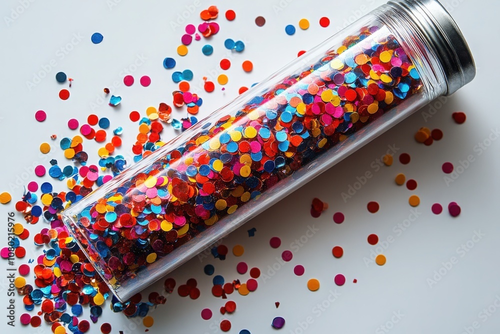 A confetti popper lays on its side, releasing an array of colorful confetti onto a light surface, capturing the festive atmosphere of a celebration moment.