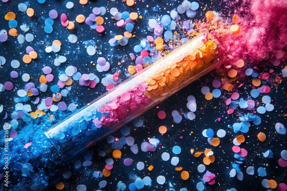 A confetti popper lies flat, bursting a mix of colorful confetti and powdery hues against a sparkling background. The scattering colors evoke a joyous celebration atmosphere.