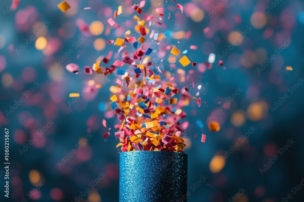 A confetti popper releases a vibrant array of multicolored confetti against a blurred background, capturing the excitement of a celebration. The scene is filled with energy and fun.