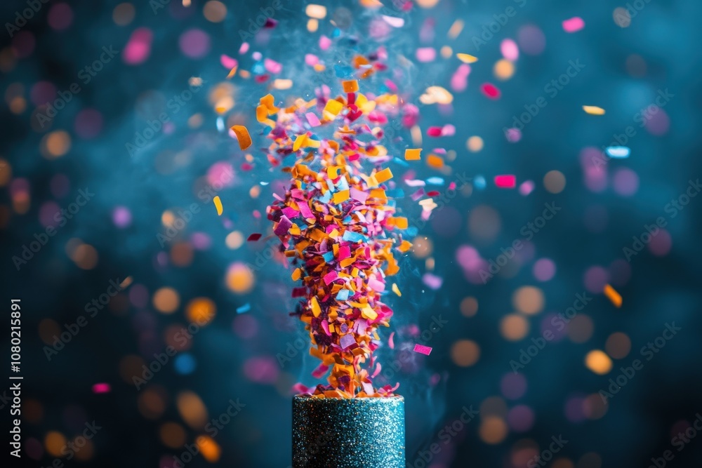 A confetti popper releases a vibrant cloud of colorful confetti, filling the air with bright shades of pink, orange, and gold. This joyful moment captures the spirit of celebration and fun.