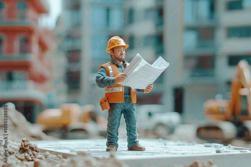 A construction worker figurine stands on a construction site, intently examining blueprints. Heavy machinery and buildings in the background highlight the urban development.