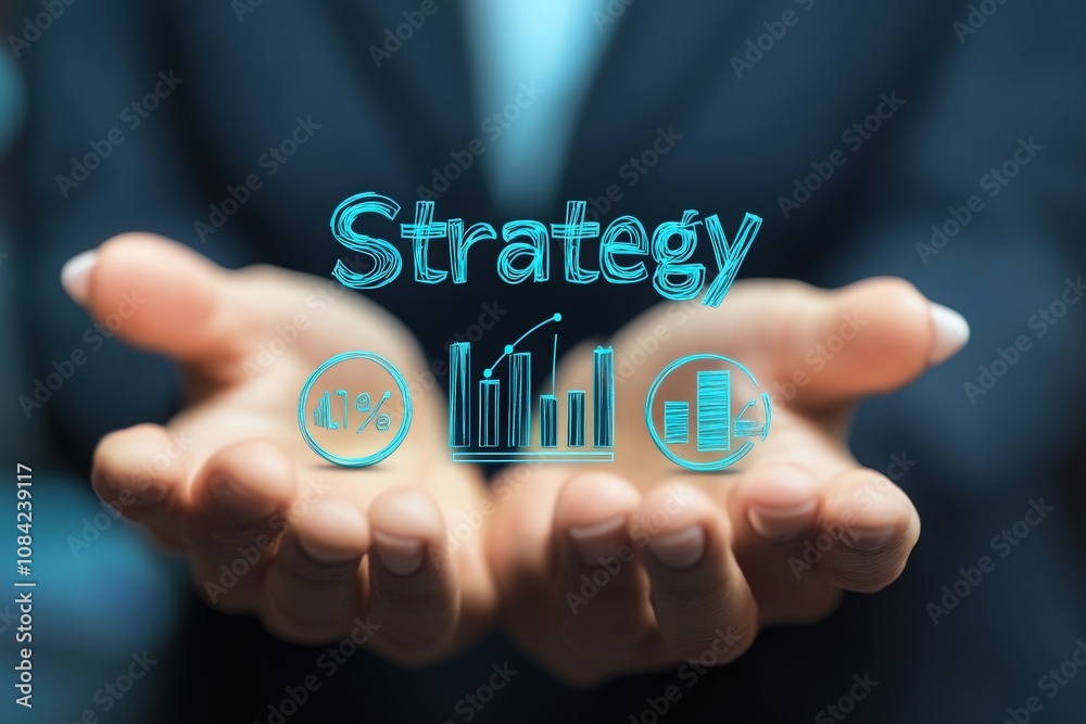 A consultant displays virtual icons representing strategy and analytics while standing in a contemporary office.