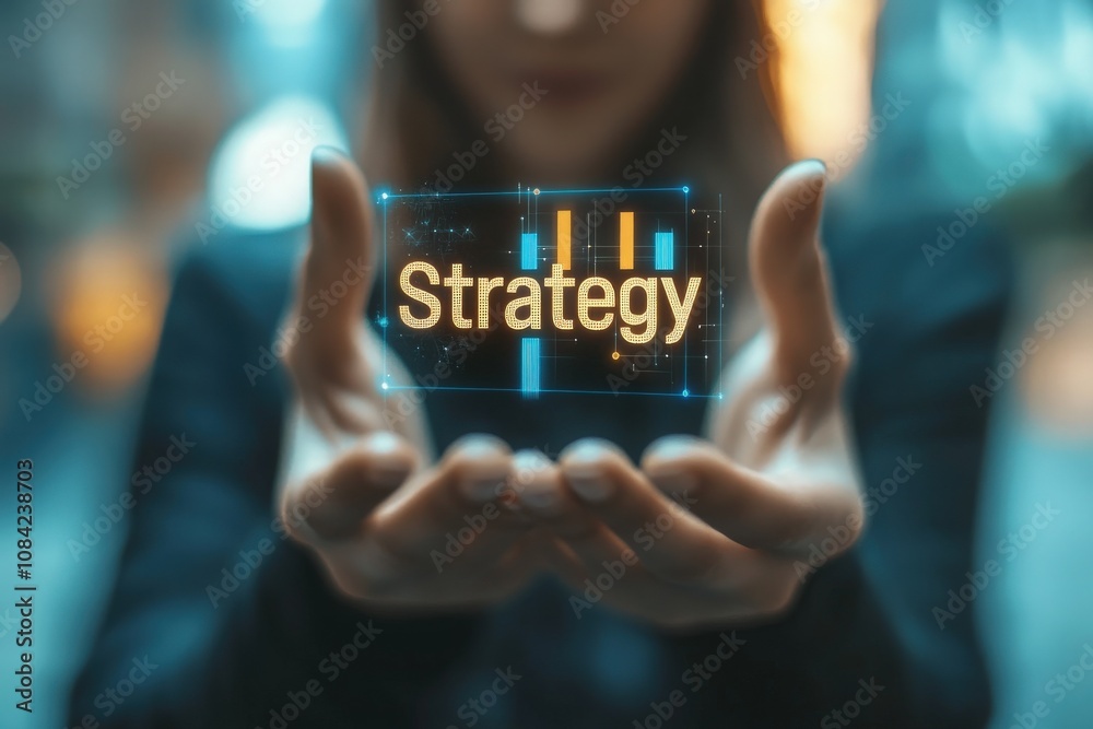 A consultant engages with virtual strategy icons, demonstrating innovative planning techniques. The setting reflects a contemporary office atmosphere, focusing on digital transformation.