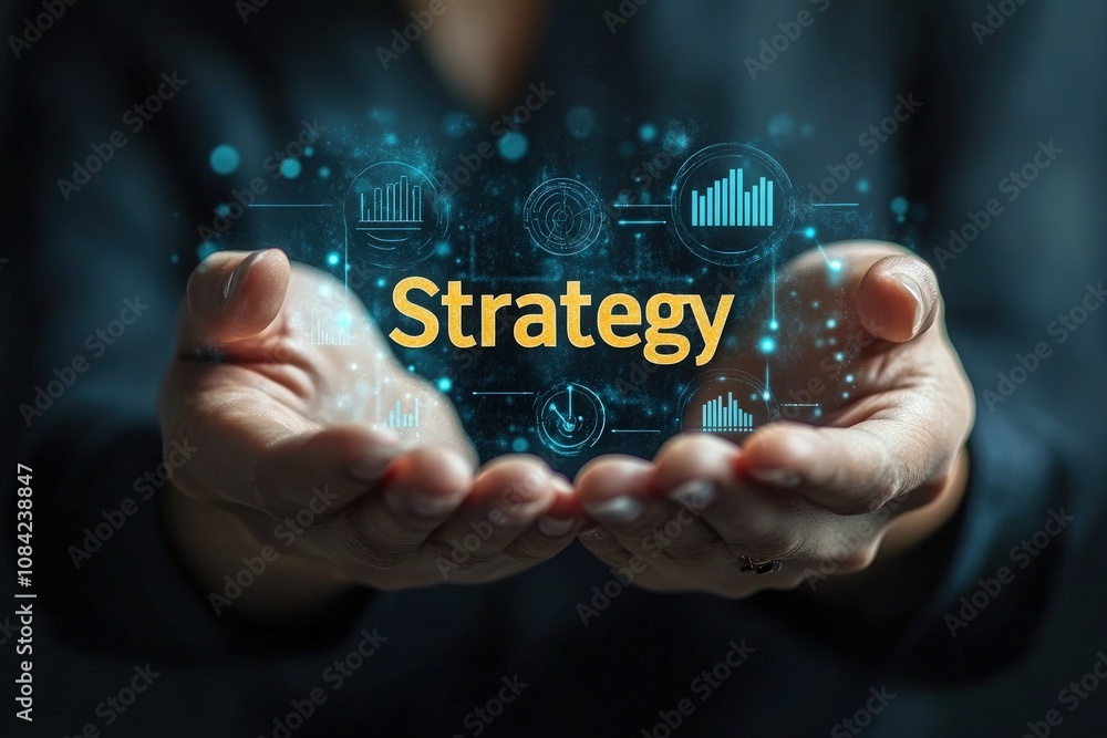 A consultant holds virtual icons in their hands that represent various elements of strategic planning. The digital imagery showcases a focus on data, analysis, and innovation during an online session.