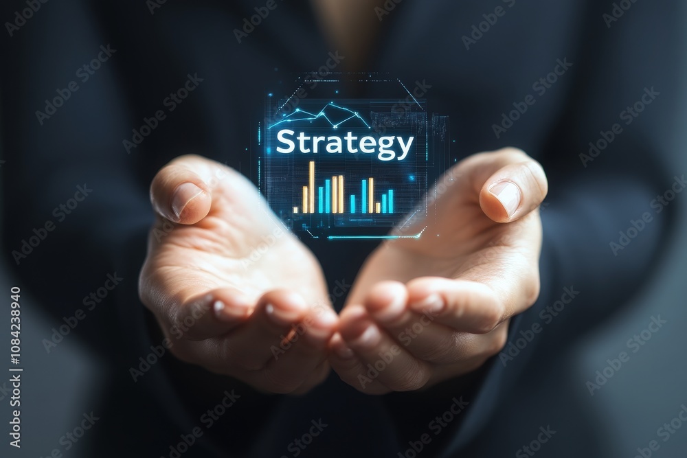 A consultant holds virtual icons representing strategy and data analysis in their hands, showcasing a professional approach during a meeting in a contemporary office environment.