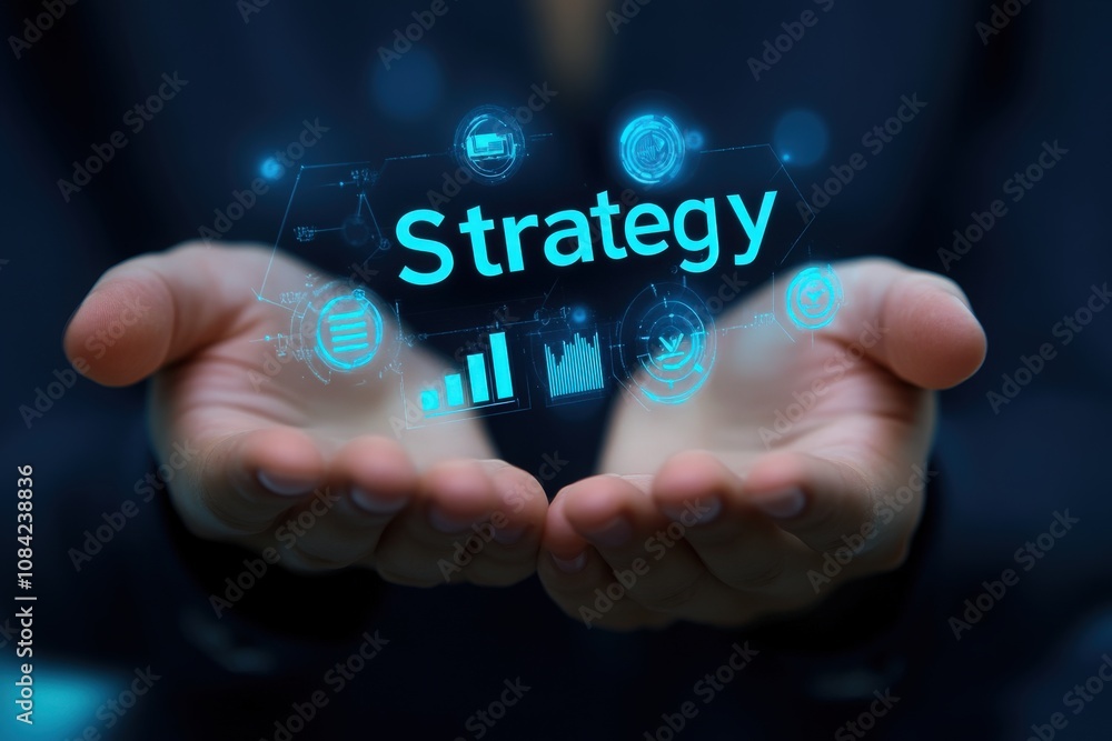 A consultant holds virtual icons representing various strategies in their hands. The setting is a contemporary office, emphasizing modern business practices and digital engagement.