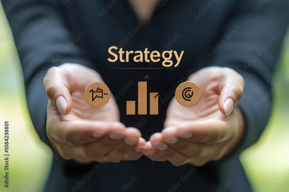 A consultant is demonstrating virtual icons that represent strategy while standing outdoors. The focus is on their hands and digital representations of growth and planning.