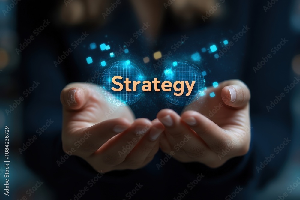 A consultant presents virtual strategy icons with both hands. The glowing symbols suggest innovation and digital solutions, reflecting a modern approach to consulting in a professional setting.