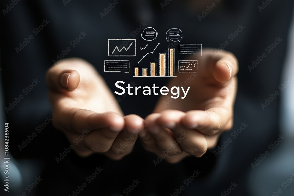 A consultant showcases virtual icons related to business strategy while holding both hands forward, symbolizing guidance and planning. This activity highlights modern consulting techniques.