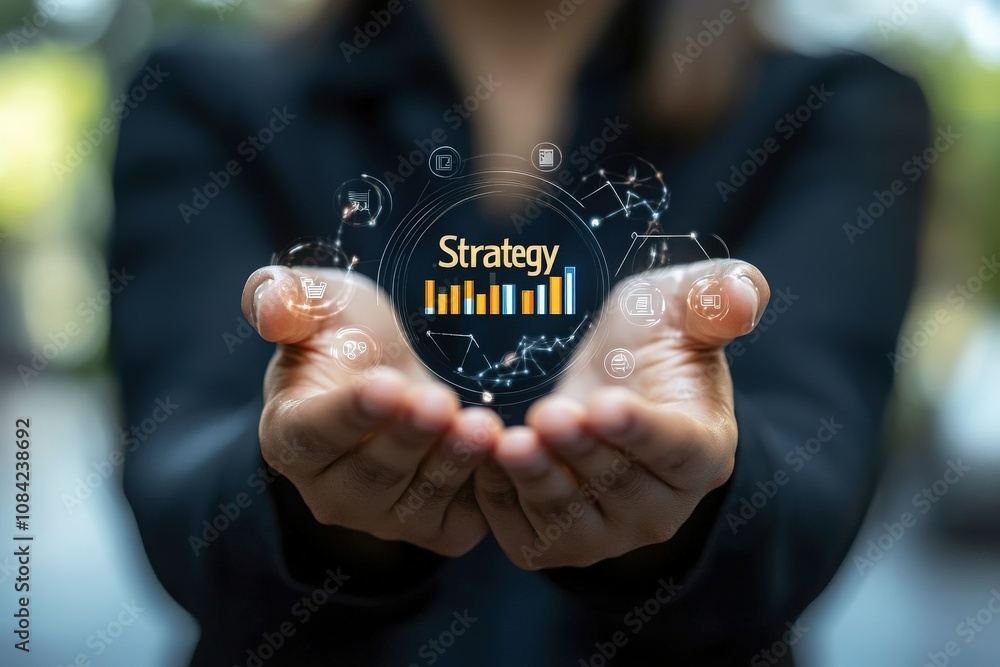 A consultant stands with both hands open, showcasing virtual icons representing strategy and growth. The image captures a focused environment during a business discussion.