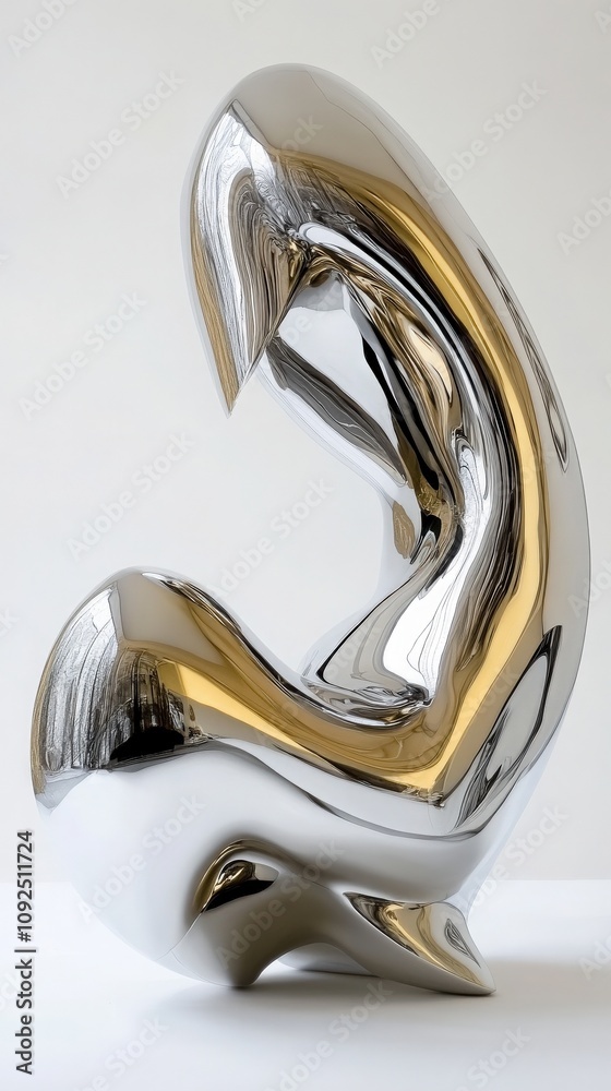 A contemporary metallic sculpture stands on display with smooth, flowing shapes that reflect surrounding light. The polished surface creates intriguing visual effects and textures.