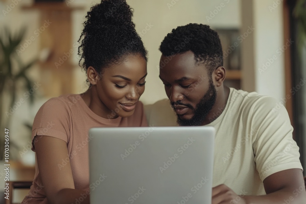 A couple engages in brainstorming, focusing on the laptop in front of them. They share ideas and collaborate closely in a comfortable home environment filled with natural light.