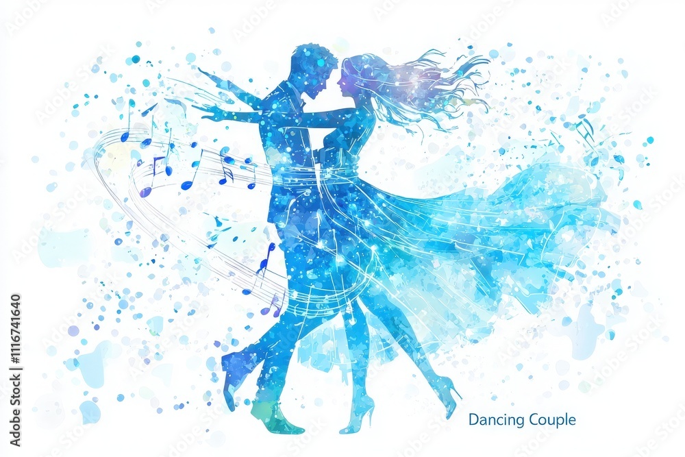 A couple gracefully dances together, surrounded by flowing musical notes and vibrant blue hues. Each movement reflects joy and romance, capturing a timeless moment of connection.