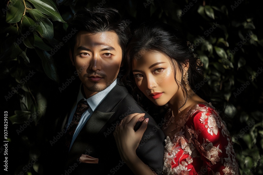 A couple is captured in a romantic moment, surrounded by vibrant greenery. They are dressed in formal wedding attire, radiating love and joy during their wedding portrait session.