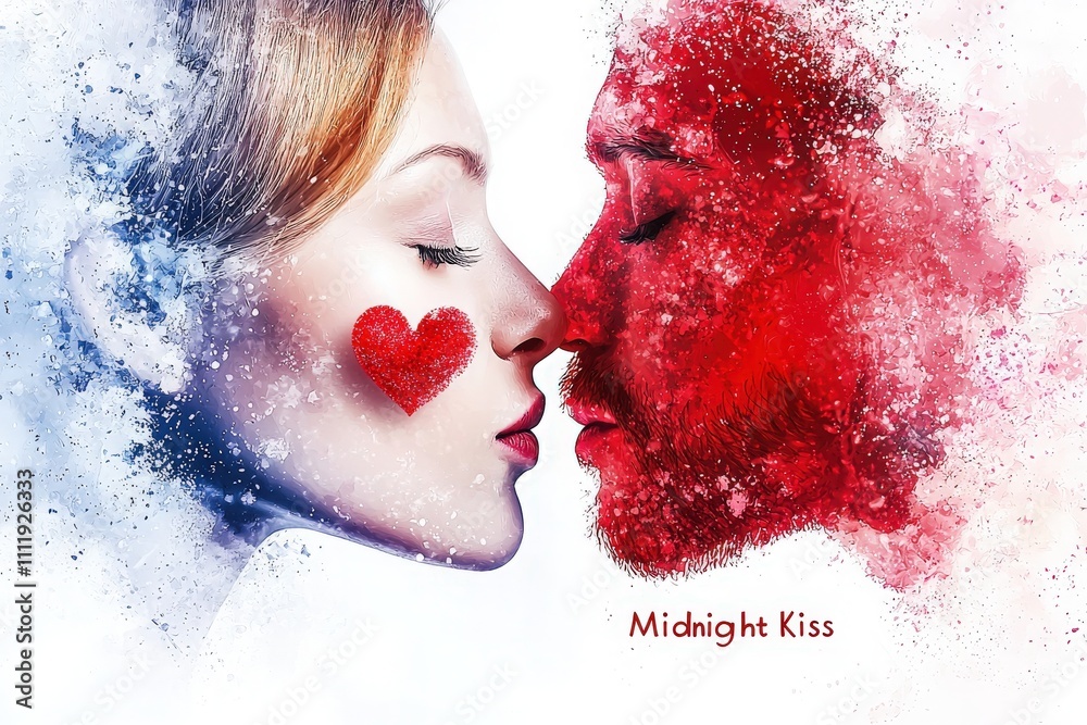 A couple leans in for a kiss, their faces transformed with creative red and blue effects. A heart on the womans cheek symbolizes love during a festive occasion.