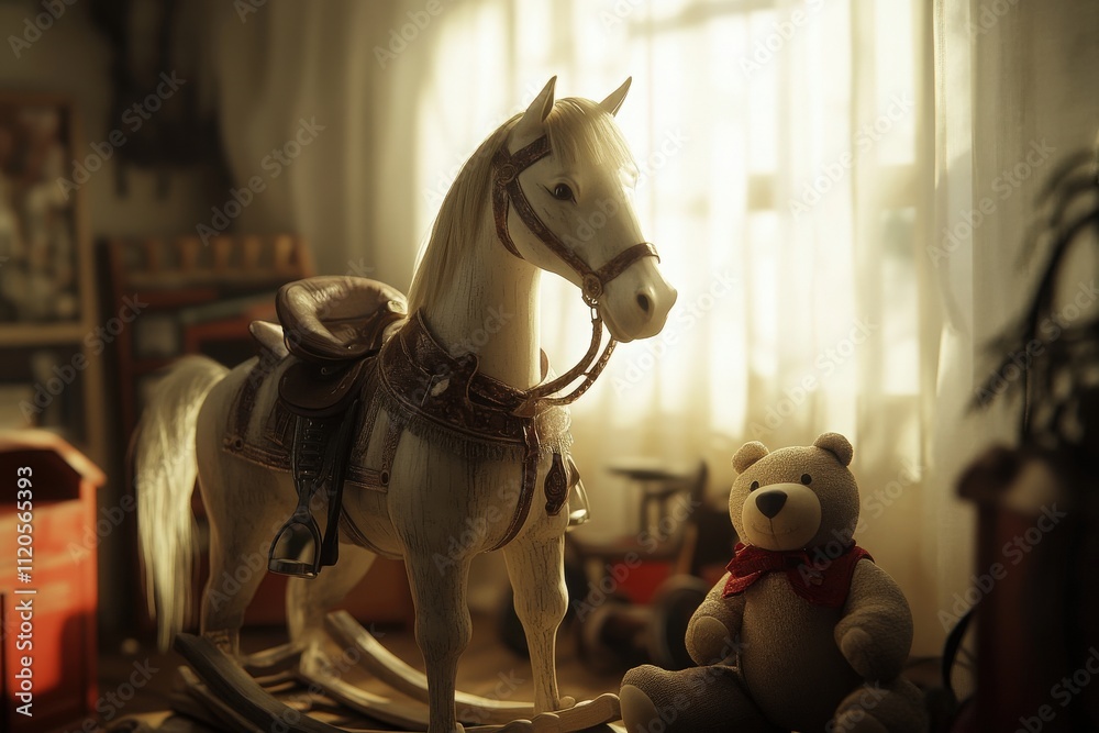 A cozy childhood room features a white rocking horse and a teddy bear sitting side by side, bathed in warm morning light through sheer curtains, evoking a sense of nostalgia and comfort.