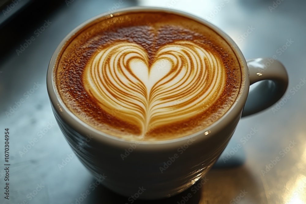 A cozy coffee cup sits on a table, showcasing intricate latte art shaped like a heart. The creamy, frothy design creates a warm, inviting atmosphere perfect for a relaxed moment.