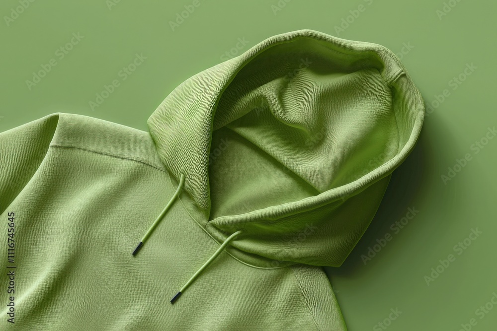 A cozy green hoodie laid flat against a matching green backdrop. The minimalist design highlights the fabric texture and stitching details, ideal for casual fashion enthusiasts.