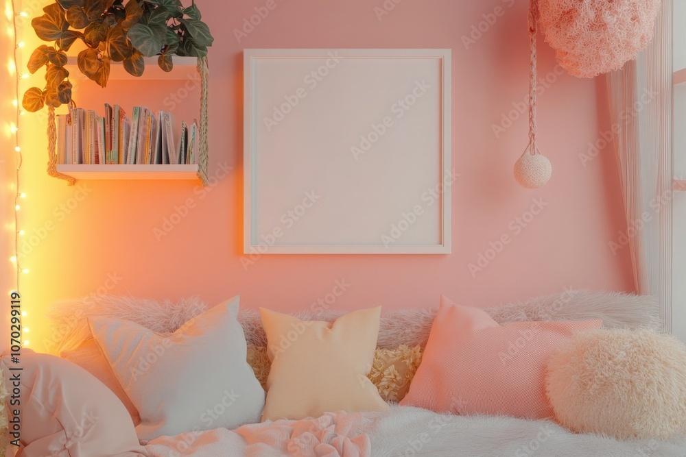 A cozy living area features a white square frame mockup mounted on a pink wall. Soft cushions in pastel shades add comfort, creating an inviting atmosphere for relaxation and creativity.