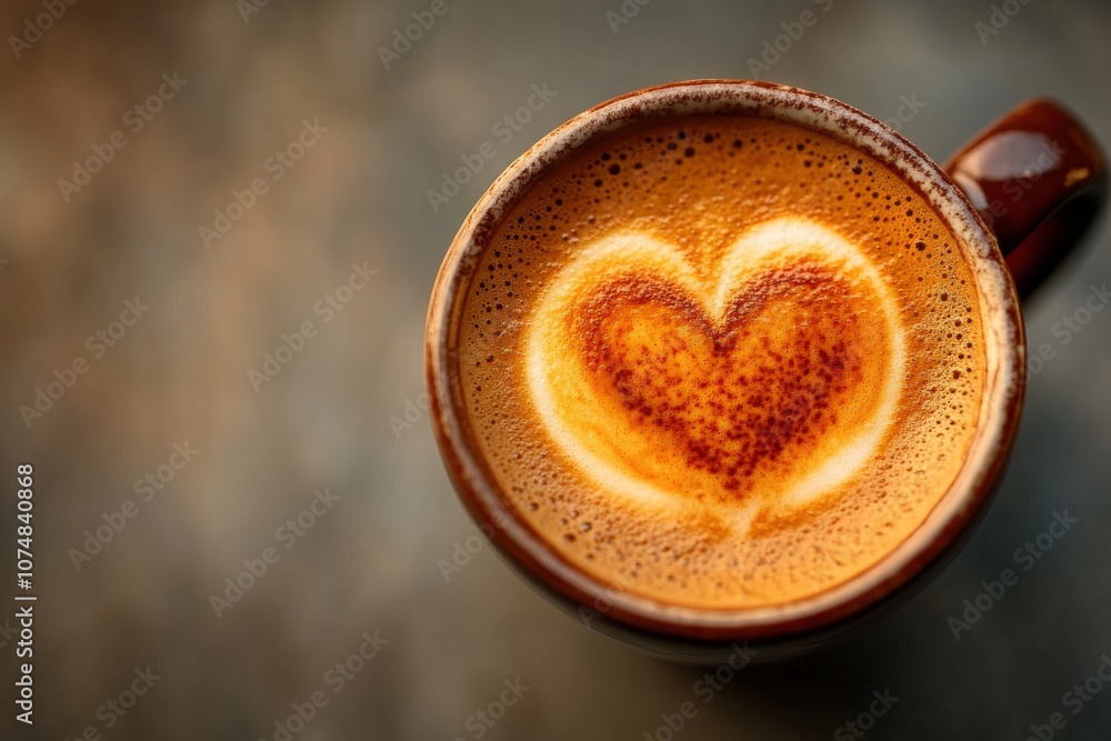 A cozy moment is captured as a steaming cup of latte, adorned with intricate heart-shaped foam art, rests atop a rustic wooden table, inviting warmth and comfort.