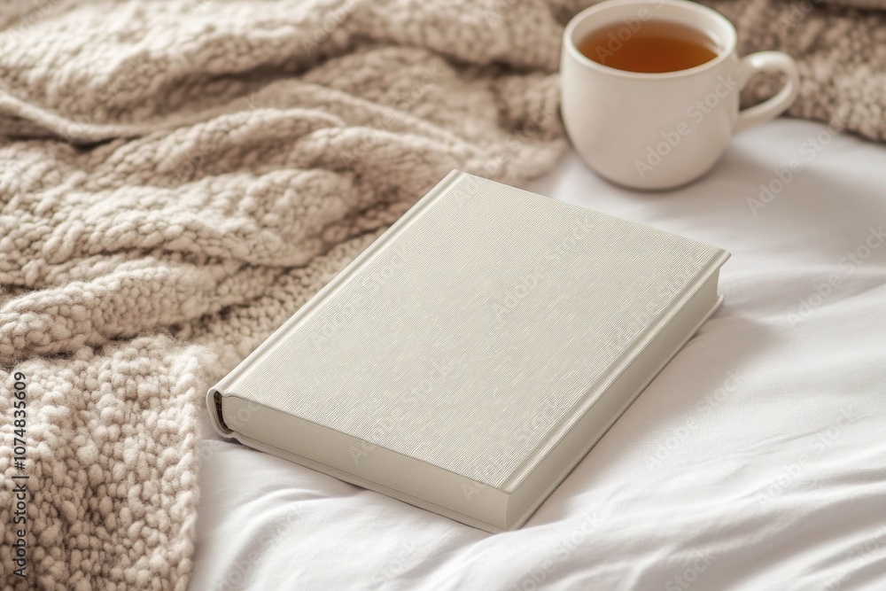A cozy reading nook is created with a hardcover book resting on a comfortable blanket. Nearby, a cup of warm tea adds to the inviting atmosphere, perfect for a peaceful afternoon.