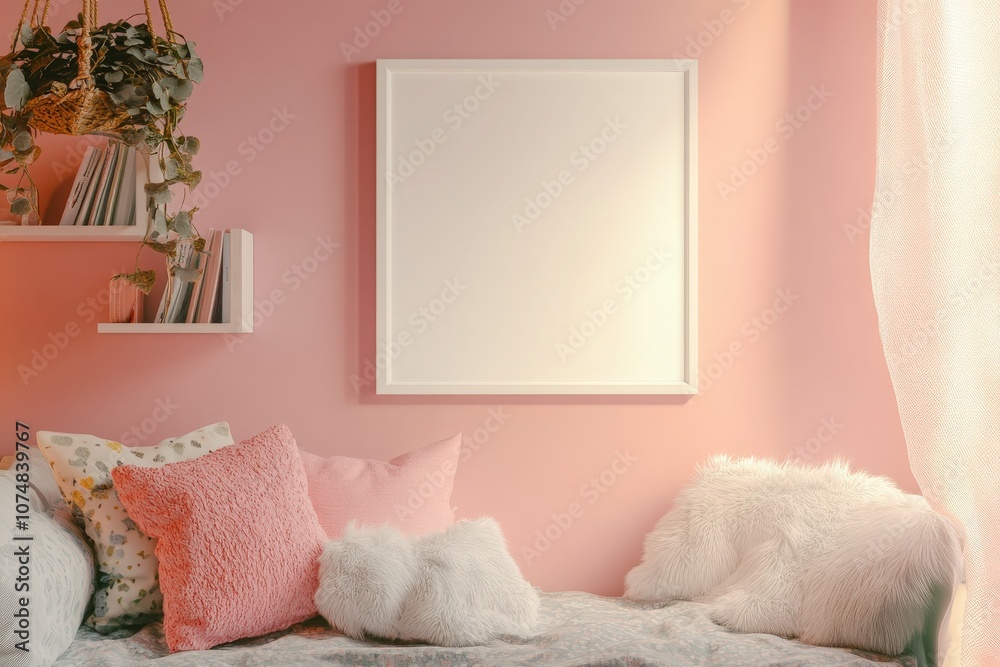 A cozy room features an empty square white frame on a pink wall, complemented by soft cushions and a sunny window, creating a warm and inviting atmosphere for artistic inspiration.