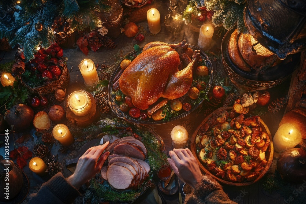 A cozy setting features a large roasted turkey surrounded by seasonal dishes, fruits, and candles. Hands carve the meat while festive decorations create a joyous atmosphere.