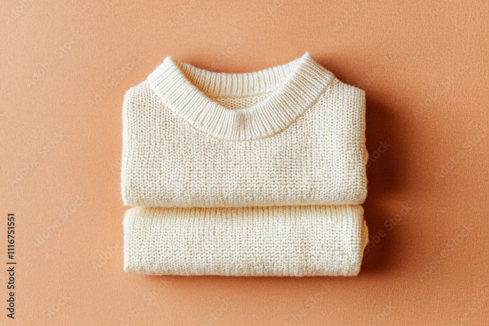 A cream-colored knitted sweater is neatly folded and placed on a warm, sandy-toned surface. The texture is soft and inviting, perfect for cool weather layering.