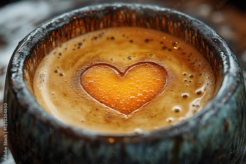A creamy latte showcases a delicate heart design crafted from frothy milk on its surface. The warm drink rests in a rustic cup, inviting enjoyment in a relaxed cafe atmosphere.