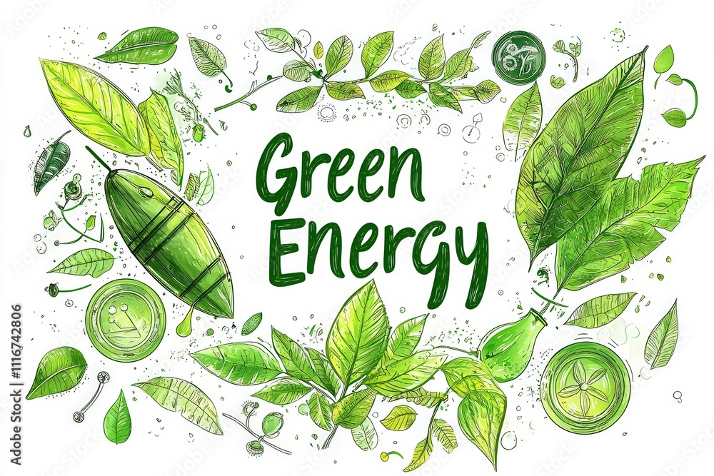 A creative depiction of green energy featuring various shades of green leaves and natural elements. The artwork emphasizes sustainability and eco-friendly practices with intricate designs.