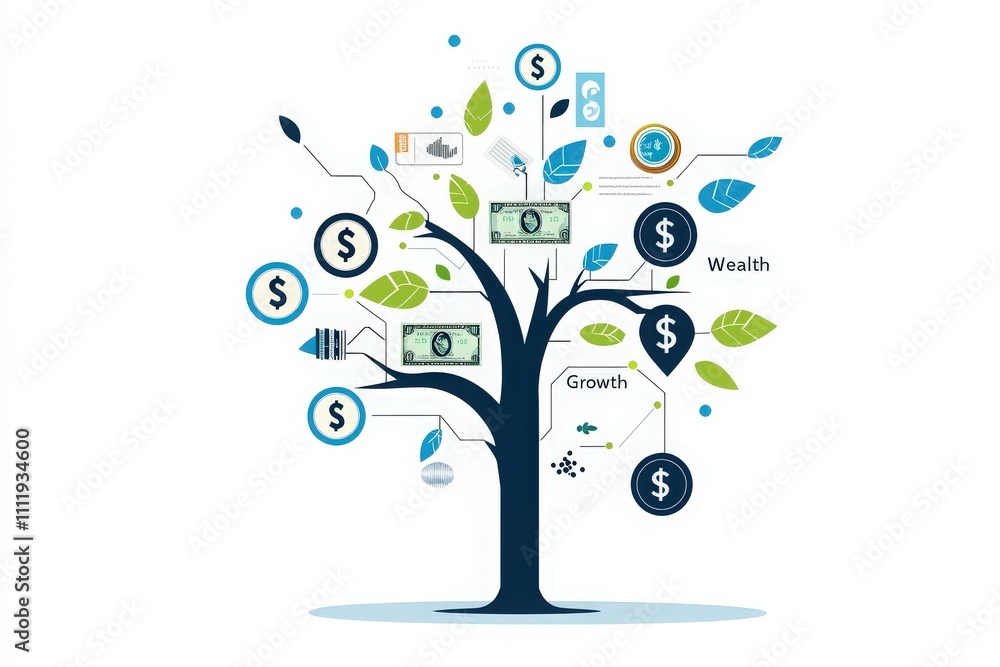 A creative depiction showcases a tree with leaves and branches representing financial concepts. The tree features icons symbolizing wealth, growth, and investments, highlighting financial prosperity.