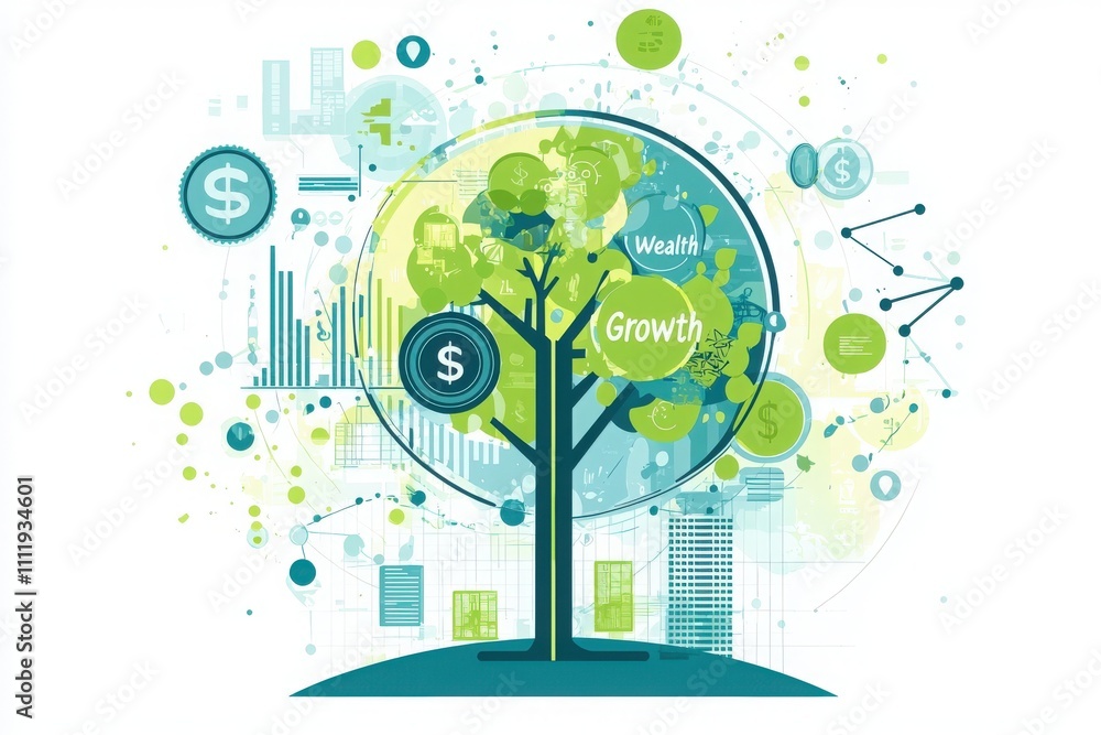 A creative illustration depicts a tree symbolizing financial growth with colorful elements such as currency symbols, charts, and graphs surrounding it.