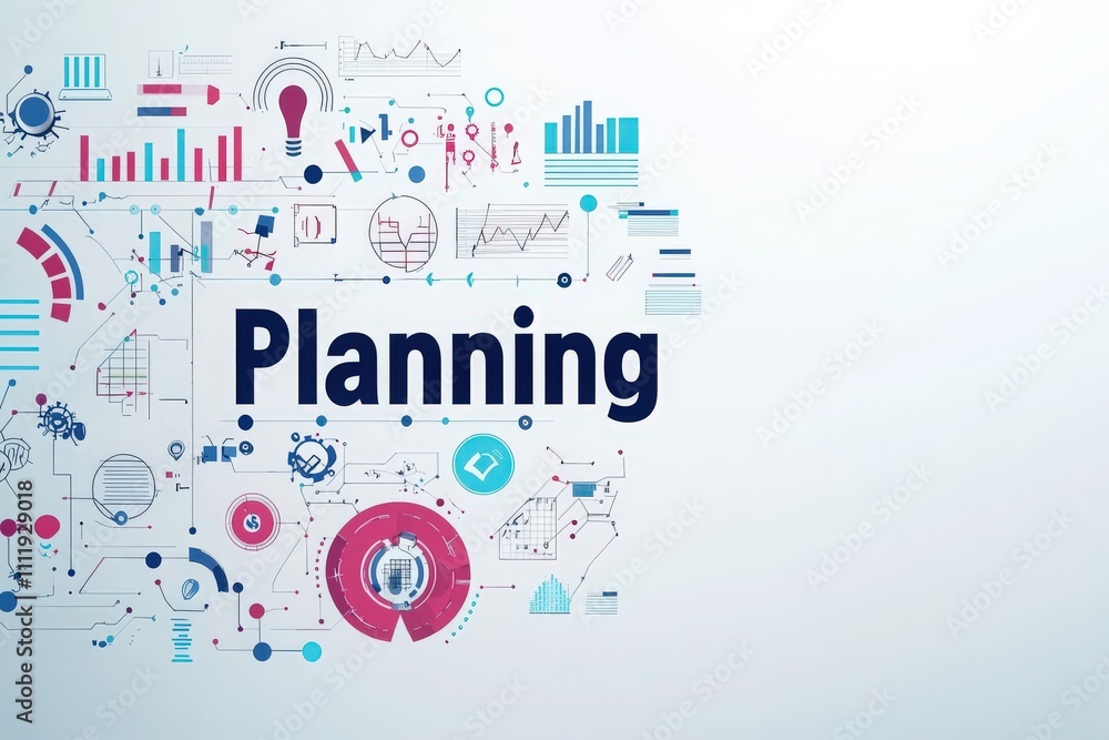 A creative illustration showcases the concept of planning, featuring various graphs, charts, and symbols that emphasize strategic growth in a business context.