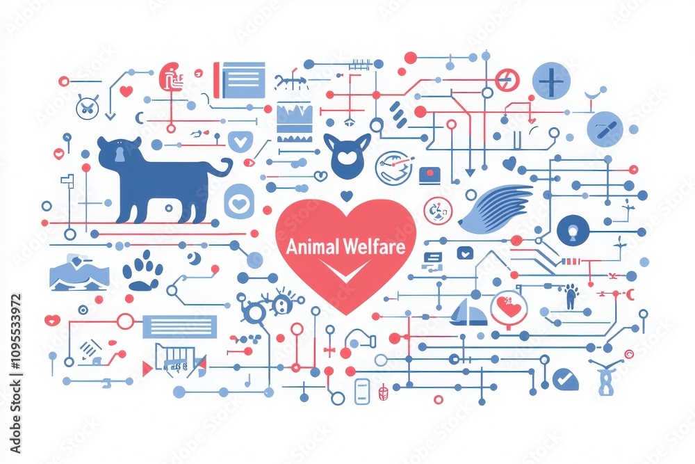 A creative illustration showcases various icons related to animal welfare, featuring a dog and heart symbol. The design highlights themes of care, technology, and advocacy for pets and wildlife.