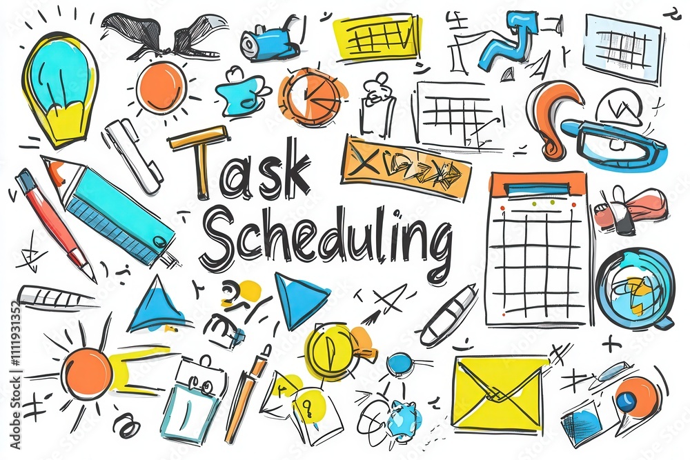 A creative layout featuring various doodles related to task scheduling. Elements include calendars, pens, and graphs, representing organization and productivity in a vibrant and engaging way.