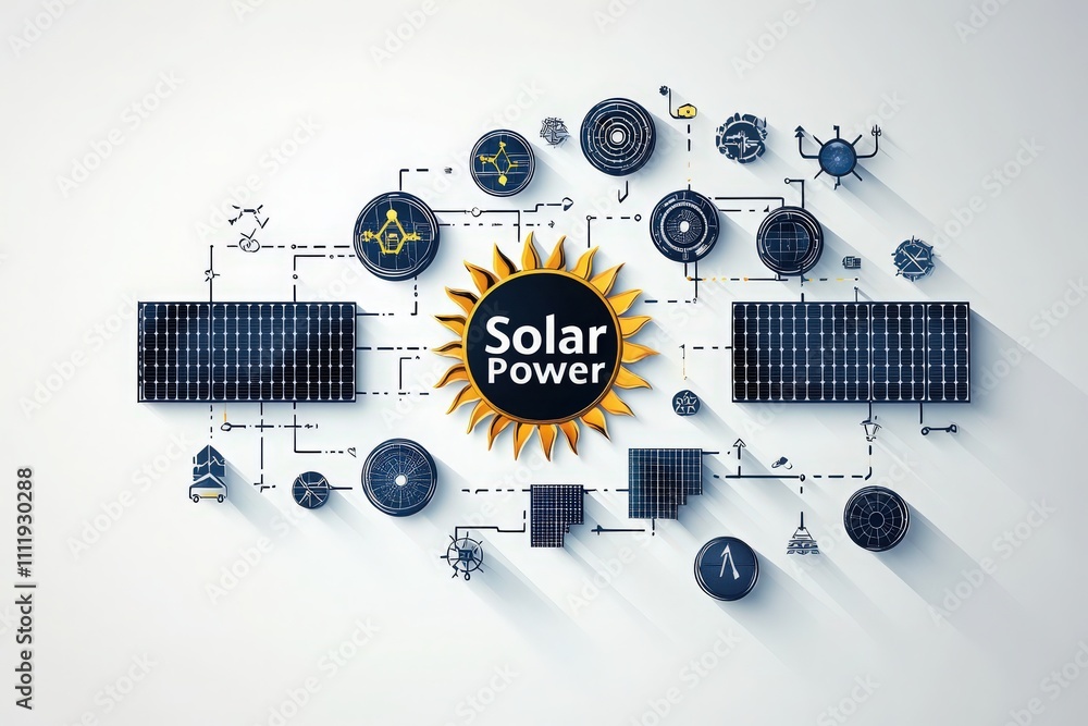 A creative layout of solar panels and related symbols illustrates the concept of solar power. The arrangement emphasizes energy efficiency and modern technology in renewable energy solutions.