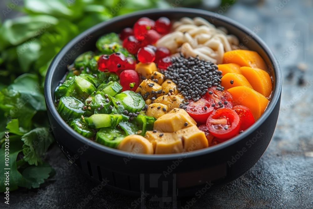 A creative layout shows a fitness tracker with vibrant fruits and veggies, emphasizing the link between fitness and healthy eating in everyday life.