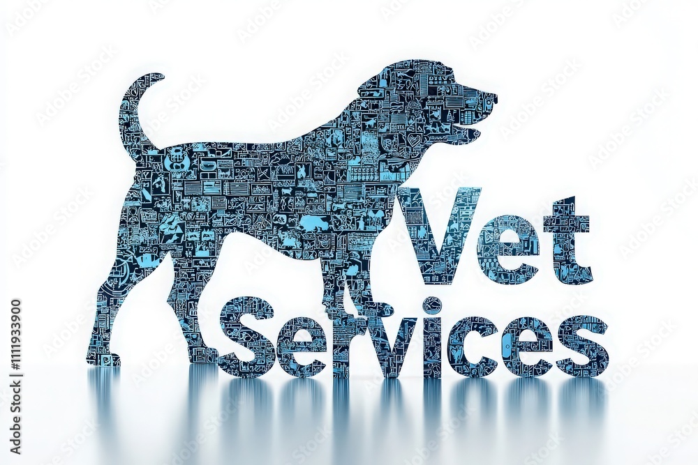 A creative logo showcases a dog silhouette composed of diverse pet-related icons, with the words Vet Services displayed in a modern style. The design emphasizes care for pets.