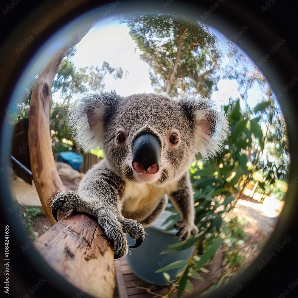 A curious koala clings to a branch, surrounded by lush green leaves. The adorable creature moves slowly, playfully sticking out its tongue while basking in the warm sunlight.