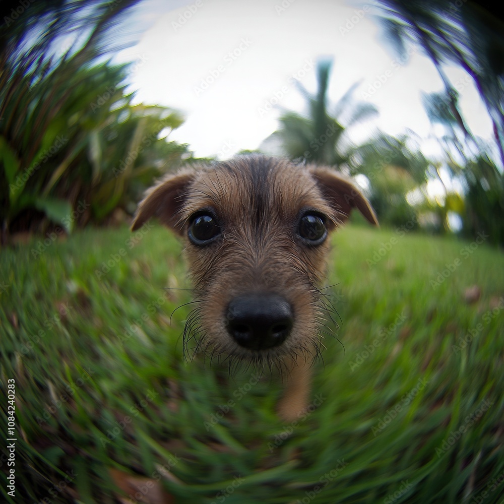 A curious little dog is slowly moving through the vibrant green grass of a tropical garden. The sun shines down, illuminating its playful features as it explores its surroundings.