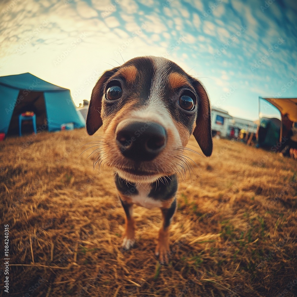 A curious little dog is wandering through a campsite, sniffing the ground as the sun sets. The sky is blue with scattered clouds, and tents surround the playful pup, creating a warm atmosphere.
