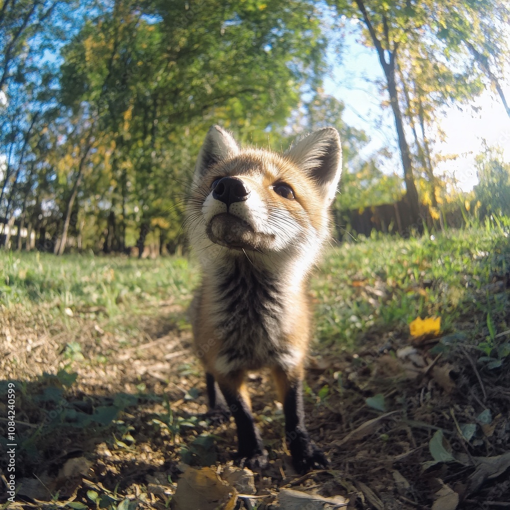 A curious little fox wanders through a grassy area, surrounded by trees under a bright blue sky. It takes its time, enjoying the peaceful environment and the warmth of the sun.