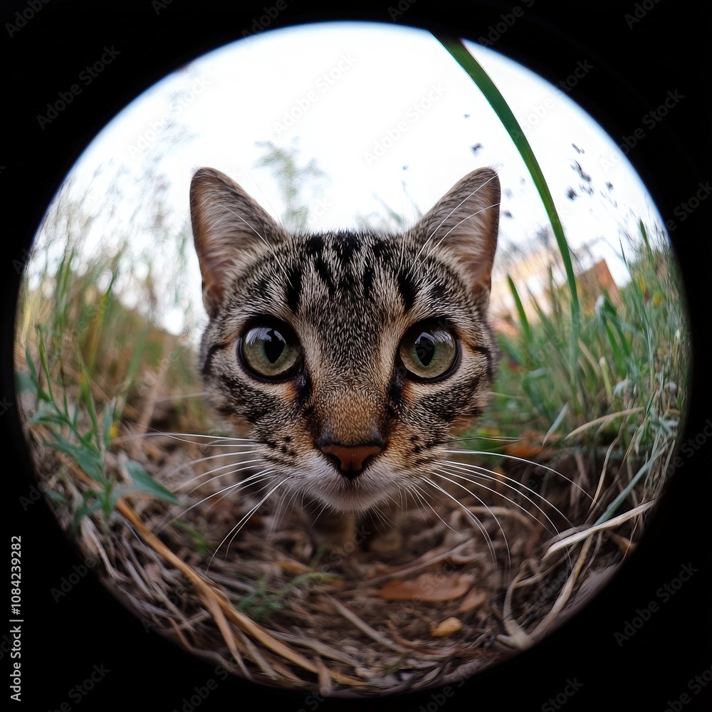 A curious, small cat with striking eyes is exploring the green grass, moving slowly. The soft sunlight highlights its unique markings and inquisitive nature as it investigates the surroundings.