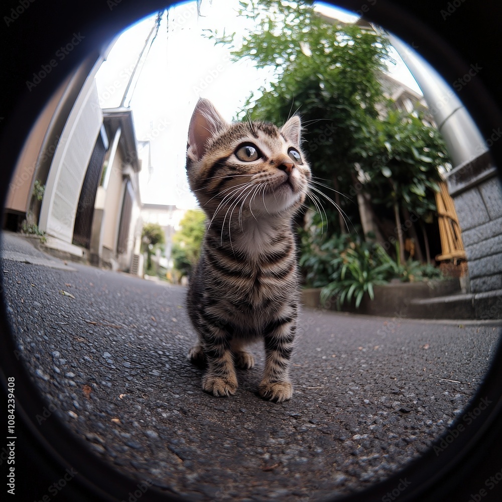 A curious tabby cat slowly strolls through a peaceful alleyway, its wide eyes scanning the surroundings. Sunlight filters through the trees, creating a warm atmosphere.