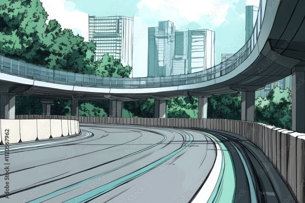 A curved roadway winds through a contemporary urban landscape with tall buildings in the background. Lush greenery contrasts with the sleek structure, highlighting city life.