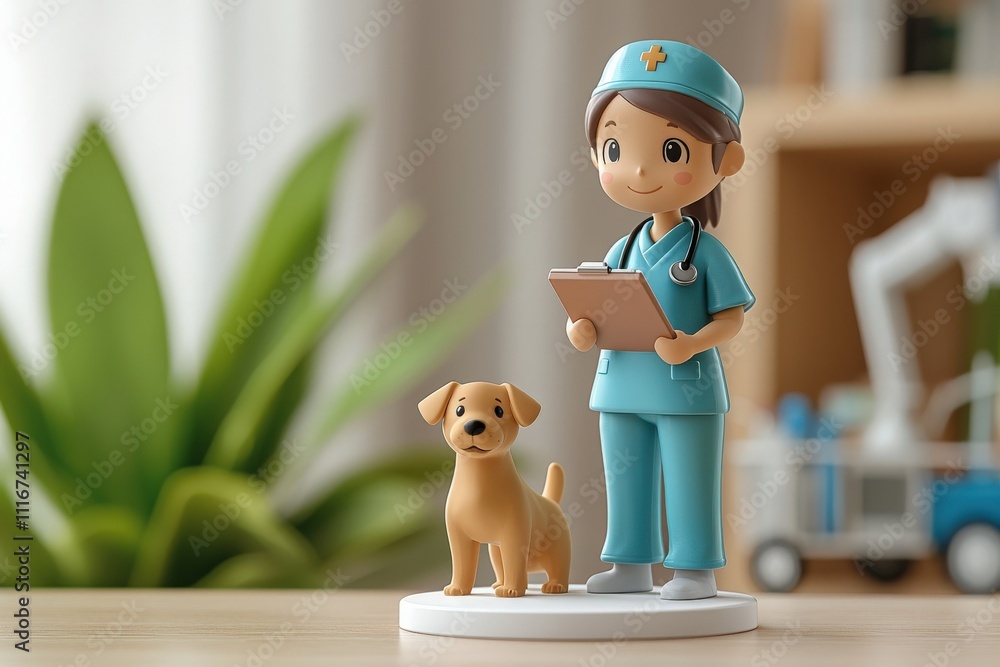 A cute figurine of a veterinarian wearing scrubs and a cap holds a clipboard next to an adorable dog. The backdrop features indoor plants and a cozy workspace, creating a welcoming atmosphere.